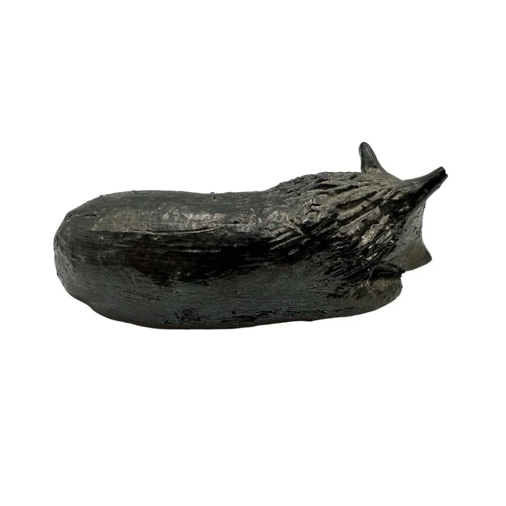 Pair Of Handmade Ceramic Sleeping Fox Figurines With Black Glaze Finish